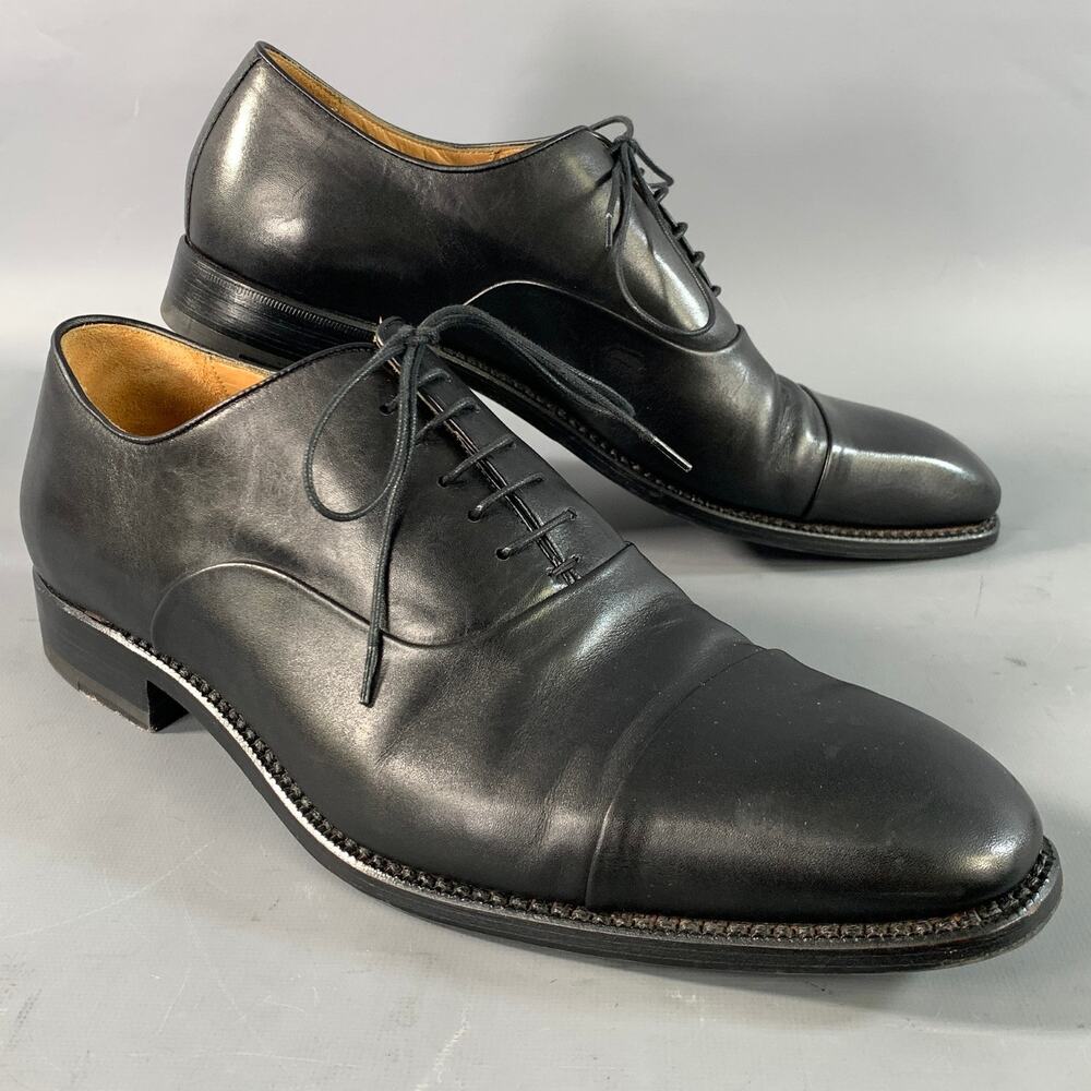 BARNEYS Size 9 Black Pebble Grain Leather Oxford Lace Up Shoes
